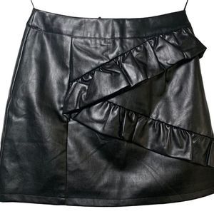 Black Faux Leather Mini Skirt Asymmetrical Ruffles AU 8